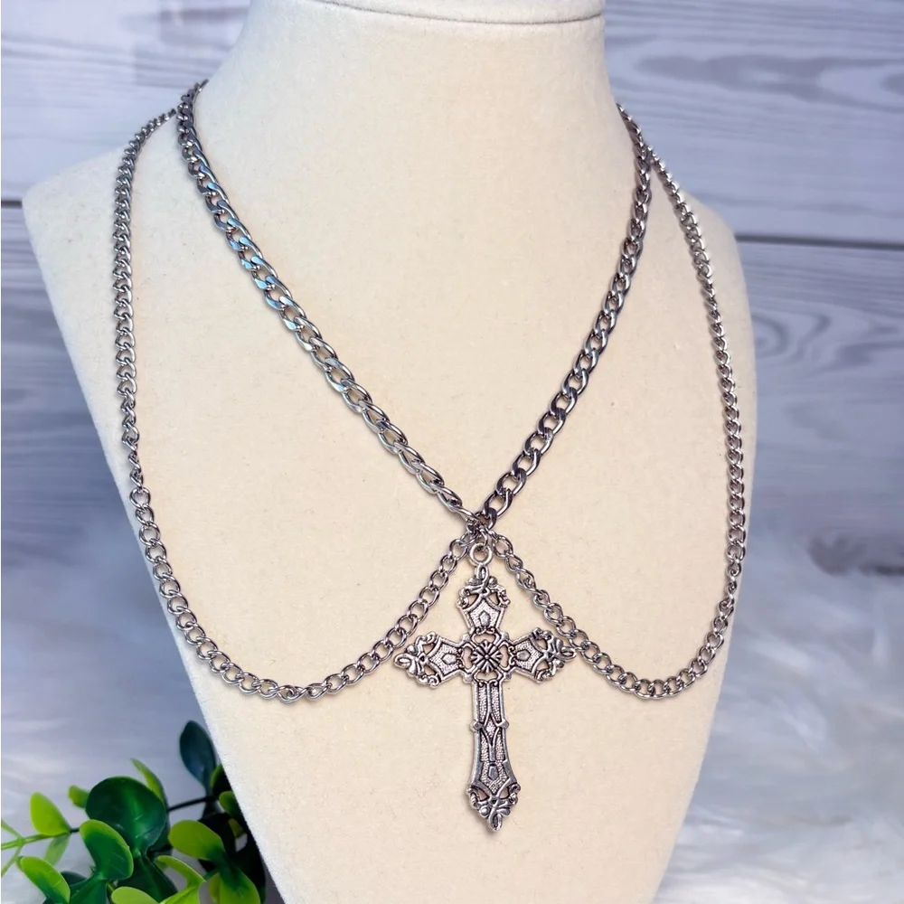 Elegant Silver Cross Double Chain Choker‎ Necklace